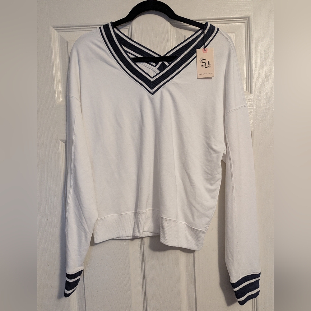 Sincerely Jules White and Navy V-Neck Sweatshirt NWT